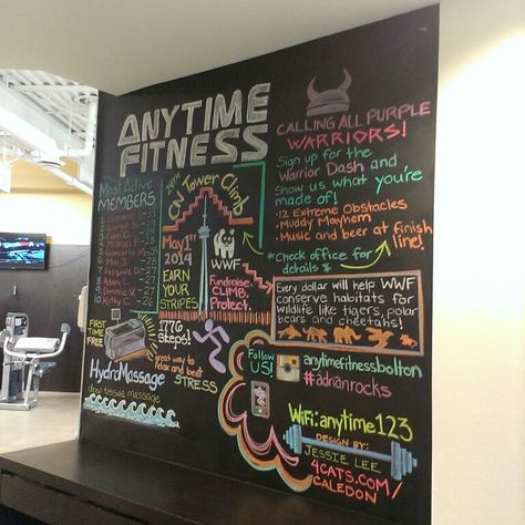 Anytime Fitness Bolton Summer 2014 - By Jessie Weitzenbaur Gym Chalkboard Ideas, Anytime Fitness Chalkboard, Gym Chalkboard, Gym Schedule, Easter Chalkboard, Studio Vibes, Fitness Board, Training Studio, Gym Chalk