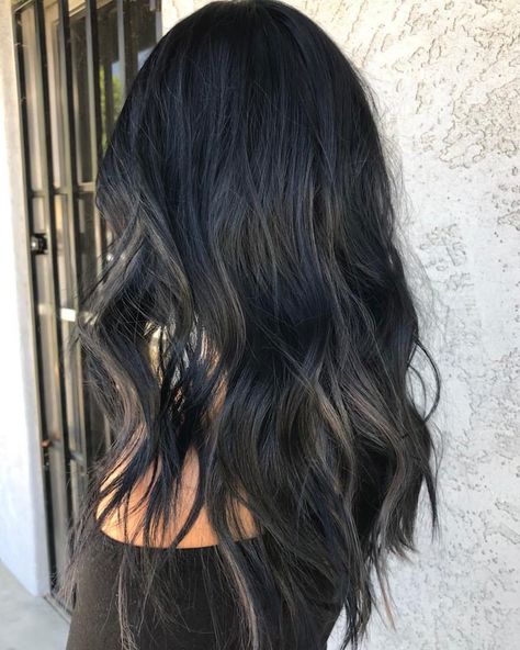 Erin Cardoza | Black with charcoal pops🔪. . . . #erinsworld #notbalayage #todyeforhair209 #nofilter #209hair #modestohair #blackhair #redken #btcpics… | Instagram Black Hair With Charcoal Highlights, Dark Balayage Black Ash, Black Hair With Peekaboos Blonde, Long Dark Hair With Lowlights, Black Hair Brown Lowlights, Dark Hair With Cool Highlights, Black Hair With Blonde Lowlights, Black Hair With Deminsion, Black Hair Ash Highlights