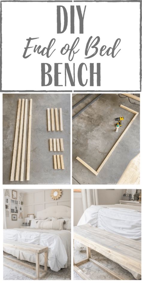 New DIY End of Bed Bench Diy Bench From Bed Frame, Small End Of Bed Bench, Diy End Of The Bed Bench, Diy Bedroom Bench Seat, Diy Bench Behind Couch, Farmhouse End Of Bed Bench, Bookshelf At End Of Bed, End Of Bed Bench King Size, Bedside Bench Bedroom Ideas