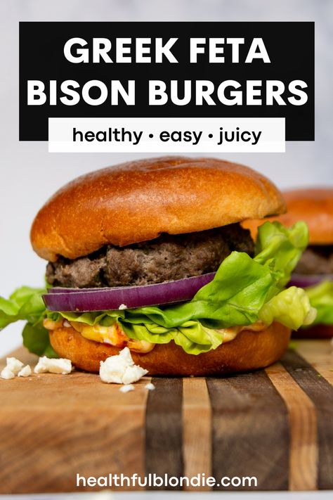 These Greek bison burgers are juicy, packed with feta cheese, and easy to make in just 15 minutes. Whether you grill, sear, or air fry them, these homemade burgers with bison turn out delicious. Ground bison is protein-rich and leaner than ground beef. Ground Bison Burger Recipe, Best Bison Burger Recipe, Ground Bison Recipes Healthy, Balsamic Sweet Potatoes, Bison Burger Recipe, Ground Bison Recipes, Greek Burger, Ground Bison, Grilled Peach Salad