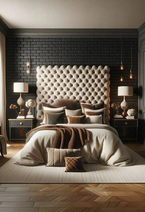 Accent Walls For Grey Rooms, Headboard On Wall Ideas, Accent Black Wall Bedroom, Black Brick Wall Bedroom, Black Brick Accent Wall, Bedroom With Black Bed, 2024 Bedroom Decor Trends, Classic White Bedroom, Headboard Nightstands