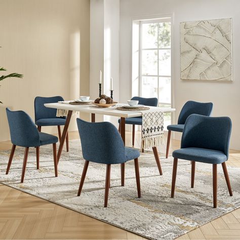 George Oliver Hallberg Ergonomic Upholstered Dining Chair with Solid Wooden Tapered Legs & Reviews | Wayfair Blue Chairs, Dining Room Blue, Enjoy Coffee, Room Setup, Dining Room Bar, Furniture Dining Chairs, Modern Dining Chairs, Side Chairs Dining, Upholstered Furniture