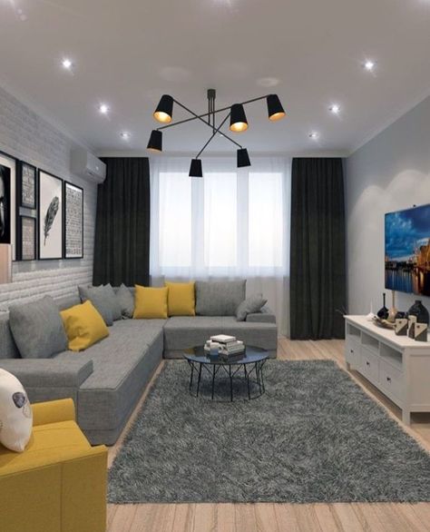 Decoración para la sala Living Room Stands, Classy Living Room, Grey Couches, Yellow Living Room, Living Room Color Schemes, Small Living Room Decor, Trendy Living Rooms, Living Room Decor Modern, Living Room Decor Apartment