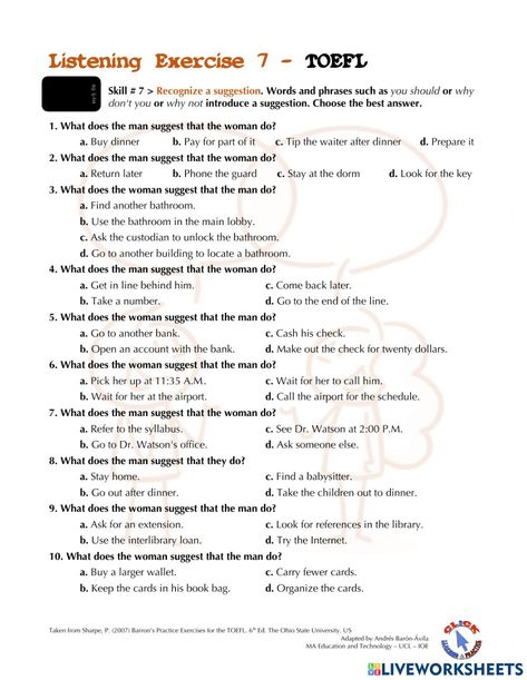 Listening Ex. 7-9: TOEFL worksheet Toefl Worksheets, Listening Comprehension Worksheets, Listening Skills Worksheets, Ielts Listening, Listening Test, The Worksheet, English Test, Listening Comprehension, Comprehension Worksheets