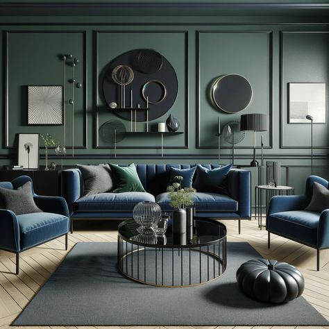 green walls with navy blue furniture Green Office Decor, Navy Blue Furniture, Dark Green Rooms, Blue And Green Living Room, Green Walls Living Room, Green Room Decor, Furniture Colors, Blue Wall Colors, Green Living Room Decor