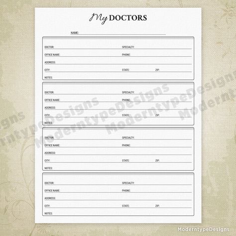 "Print out each of the Medical History Printable Kit for each family member. Easily keep each form up to date as you go. Take with you to your next doctor's visit so you can answer questions that you know you have the answer to! This Kit Includes: My Doctors Printable Log This My Doctors Printable Log was designed so you can track all of your medical professional's information. Write down your name or your family member's name at the top and write in the doctor's info. My Medications / Vitamins Medical Printables, Medical Binder Printables, Family Emergency Binder, Medical Assistant Student, Medical Binder, Medication Log, Emergency Binder, Doctor Names, Dr Book