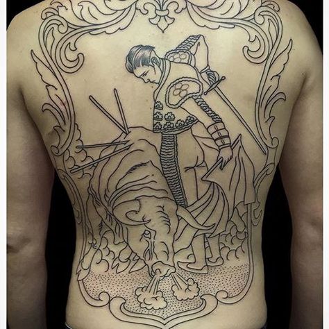 Matador Tattoo Ideas, Spanish Inspired Tattoos, Matador Tattoo, Matador Art, Chest And Back Tattoo, Japanese Americana, Medieval Tattoo, Torso Tattoos, Old School Traditional