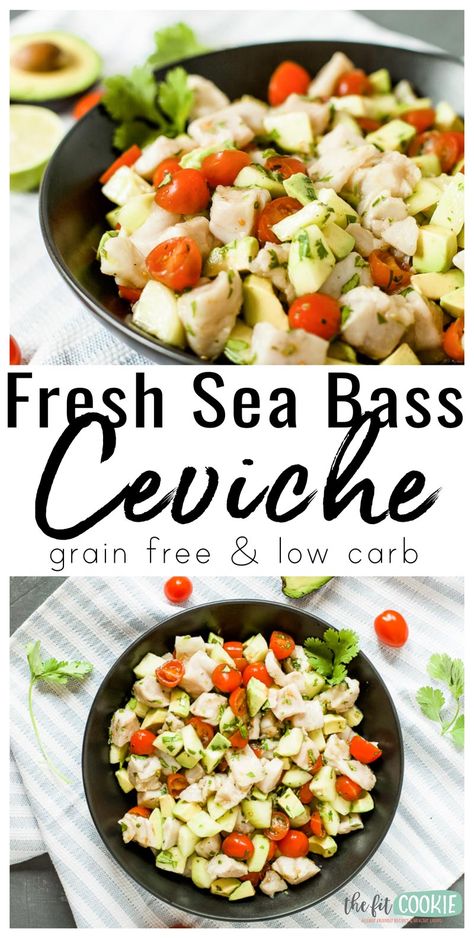 Skip the cooking this summer with this fresh and delicious Sea Bass Ceviche recipe! It's allergy friendly, grain free, and low carb | thefitcookie.com #ceviche #grainfree #salad #glutenfree #lowcarb Seabass Ceviche Recipe, Sea Bass Ceviche, Sea Bass Ceviche Recipe, Ceviche Recipes, Shrimp Ceviche Recipe, Cooked Shrimp Recipes, Multi Cooker Recipes, Ceviche Recipe, Seafood Entrees