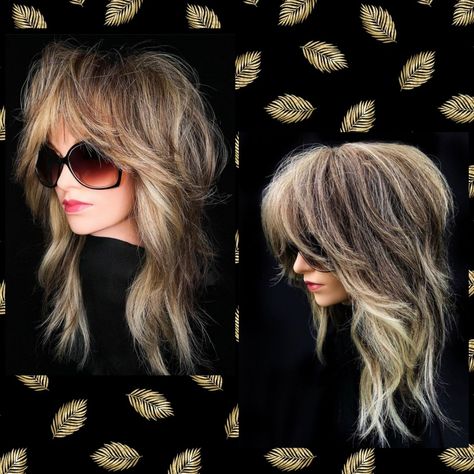 Hairstyles Rocker Chic, Rock And Roll Haircuts For Women, Wolf Cut With Balayage, Medium Layered Blonde Hair, Rocker Shag Haircut, Shag With Highlights, Shaggy Long Hair Choppy Layers, Edgy Haircuts For Long Hair, Layered Shag With Fringe