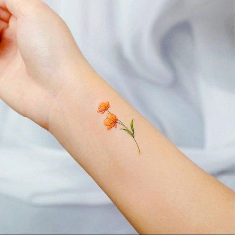 Poppy Tattoo Small Color, Small California Poppy Tattoo, Daffodil Tattoo Watercolor, Orange Flower Tattoo, Yellow Flower Tattoos, Buttercup Tattoo, California Poppy Tattoo, Above Elbow Tattoo, Orange Cosmos