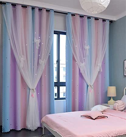 Amazon.com: Yancorp Curtains for Girls Bedroom Kids Curtain Hollow-Out Star Window Drapes Curtain 63 inches Length Room Darkening Grommet 2 Layers (Pink Purple Green, W52 X L63) : Home & Kitchen Curtains For Girls Bedroom, Girls Room Curtains, Rainbow Curtains, Girl Curtains, Star Window, Girls Bedroom Curtains, Kids Room Curtains, Living Room Divider, White Sheer Curtains