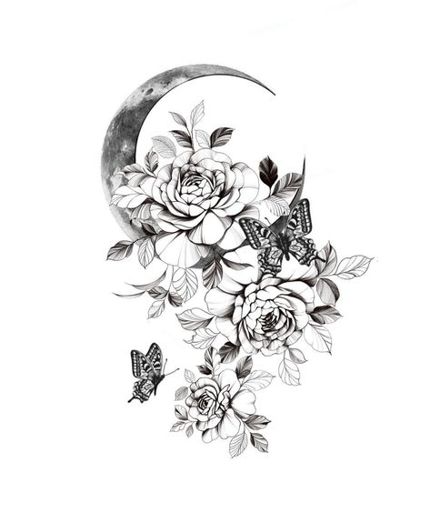 Butterfly Flower Tattoo Cover Up, Moon Half Sleeve Tattoos For Women, Black And White Thigh Tattoos For Women, Floral Tattoo With Moon, Women Skull Tattoo Sleeve, Sleeve Tattoos For Women Black And White, Moon And Butterflies Tattoo, Black And White Shoulder Tattoo Women, Black And White Arm Tattoos For Women