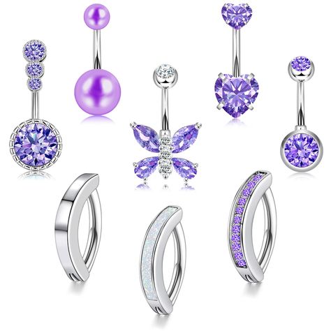 PRICES MAY VARY. PACKAGE INCLUDE - 8pcs different styles belly button ring with purple CZ inlaid, including opal belly button ring, 3pcs clicker belly button ring, butterfly belly rings for women and simple belly piercing. Various options has its unique styling, perfect for matching with any clothing style, add more stylish to your everyday look. HYPOALLERGENIC MATERIAL - Purple belly button piercings are made of surgical stainless steel material, highly polished smooth surface, not easily chang Rings Cute, Ring Butterfly, Belly Piercing Jewelry, Unique Styling, Heart Butterfly, Belly Piercing, Belly Button Ring, Belly Button Piercing, Button Ring