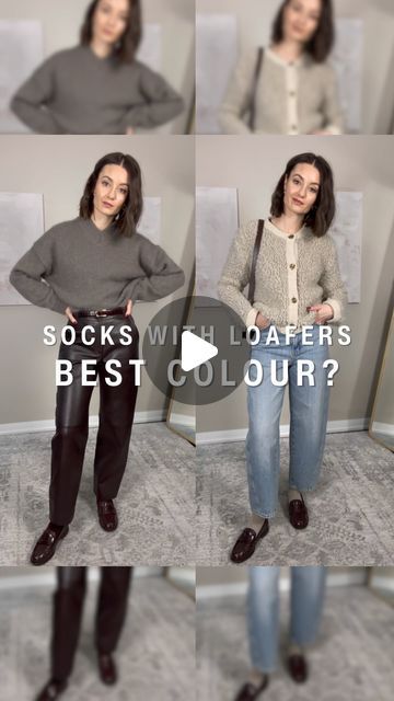 Sansha on Instagram: "How to choose the best colour of socks to wear with your loafers. Links in my LTK (link in bio). #howtostyle #styletips #styleadvice #loafers #minimalstyle #chicstyle" Loafers Socks Women, Brown Loafers With Socks, What Socks To Wear With Loafers, Style Women’s Loafers, Loafers With Socks Women, Loafers With Socks Outfit, Loafers With Dress, Brown Loafers Outfit Women, Socks With Loafers