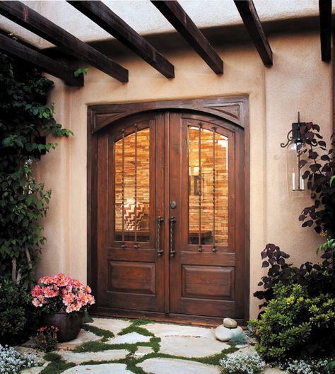 Front Entry  7894P Hurwitz-Penn Photo by Eric Swanson Iron Front Door Double, Spanish Style Front Door, Front Door Double, Southwest Style Home, Santa Fe Style Homes, Cellar Doors, Custom Exterior Doors, Iron Front Door, New Mexico Homes