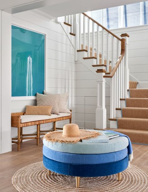 Beach House Foyer, Carolina Interior Design, White Foyer, House Foyer, Blue Ottoman, Blue Sectional, Entry Way Design, Beach House Design, Cottage Design