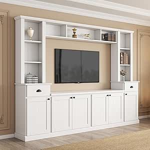 RuiSiSi Wall Unit Entertainment Center with Bridge, 4-Piece TV Stand with Bookshelves for TVs up to 75", Wood TV Console Table Media Entertainment Center with 6 Doors, 2 Drawers & Open Shelves, White Small Entertainment Center Ideas, Entertainment Center With Fireplace, Large Tv Console, Credenza Wood, Tv Stand Bookshelf, White Entertainment Center, Large Tv Stands, Wood Entertainment Center, Entertainment Wall Units