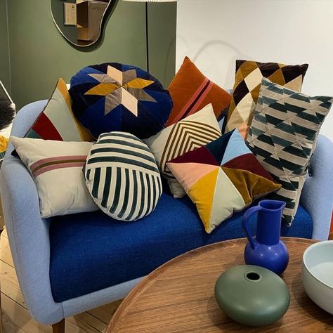 Christina Lundsteen, Blue Sofa Colourful Cushions, Christina Lundsteen Pillows, Missha Cushion, Fresh Off The Boat, Nordic Living, Round Cushion, Velvet Cushions, Pillow Cushion