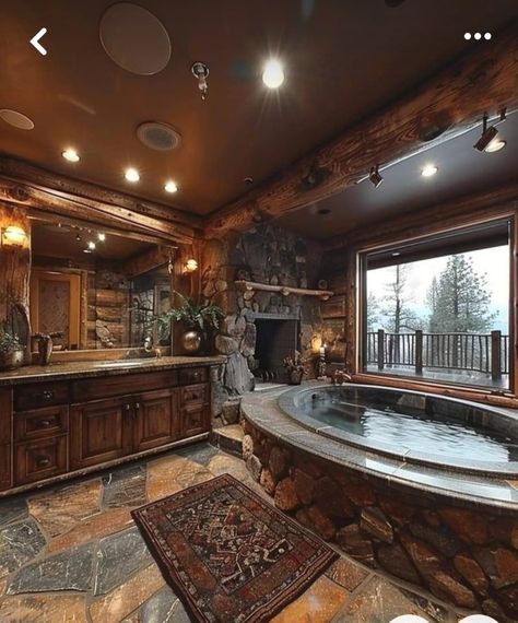 Cabin House Bathroom, Western Luxury Home, Fireplace In Bathroom, Ranch Bathroom, Tub Fireplace, Western Bathroom, Cabin Style Homes, Bathroom Big, Log Cabin Living