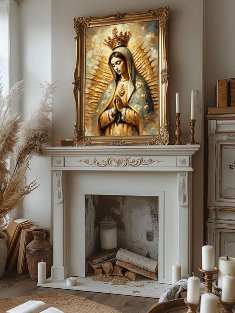 PLEASE NOTE, THIS IS A DIGITAL DOWNLOAD ONLY Our Lady of Guadalupe in a palette of creams and golds, using oil paint style. The piece reflects the elegance, serenity, and spirituality of the figure, inviting viewers into a contemplative experience. Your purchase will include 5 high resolution (300 dpi) . In PDF only  PDF files in the following sizes; 40x60 32x48 20x30 16x24 12x18 If you need a different size or format we have a Custom listing available https://www.etsy.com/listing/1780879954/cus Virgin Mary Altar Decoration, Catholic Decor Home Ideas, Our Lady Of Guadalupe Tattoo, Home Altar Catholic Beautiful, Catholic Home Altar Ideas Living Rooms, Our Lady Of Guadalupe Art, Lady Of Guadalupe Art, Mexican Catholic Art, Immaculate Mary