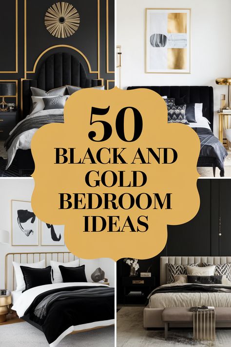 Black and gold bedroom aesthetic is perfect for creating a modern and chic space. Explore rich black walls, gold accent furniture, and elegant metallic decor. Discover black and gold bedding sets, ornate gold mirrors, and plush black carpets. Find inspiration for gold-framed artwork, black velvet curtains, and chic gold lighting fixtures. These black and gold bedroom ideas for women and couples will transform your space. Mustard Black And White Bedroom, Black And Gold Decor Bedroom, Black And Gold Art Paint, Black And Gold Bedroom Aesthetic, Black Gold Bedroom Ideas, Black And Gold Accent Wall, Gold Wall Art Bedroom, Gold Bedroom Aesthetic, Black And Gold Bedding