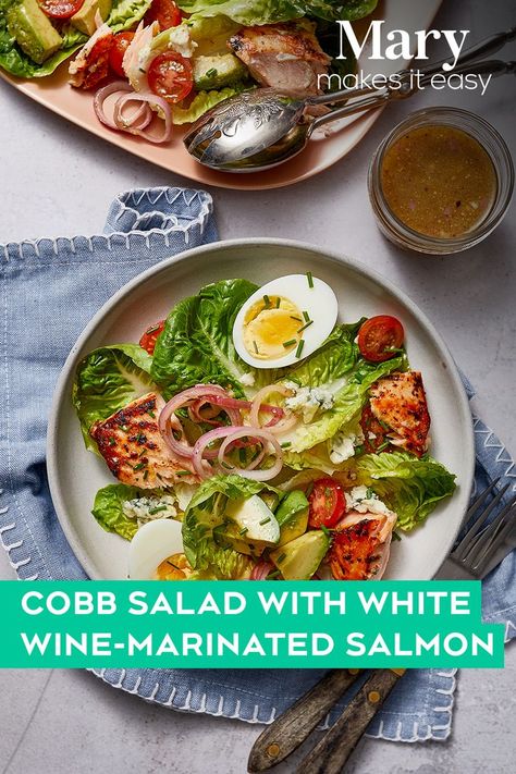 Cook up a healthy meal for the whole family with salmon and a bright cobb salad made with eggs, cherry tomatoes, avocado and blue cheese. The salmon white wine marinade is special enough for the weekend and easy enough for a quick and delicious weeknight meal. #Salmonrecipes #Healthyrecipes #Cobbsalad #MaryMakesItEasy Salmon Salad Dressing, Salmon Cobb Salad, Mary Makes It Easy, Wine Marinade, Pickled Shallots, Cobb Salad Recipe, Parsley Salad, Salmon Marinade, Marinated Salmon