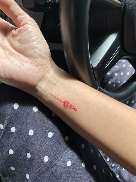 Red Unalome Tattoo, Red Moon Tattoo Designs, Red Ink Tattoos Small Words, Red Word Tattoo, Small Red Tattoo, Epic Tattoos, Small Moon Tattoos, Tattoo Spots, Unalome Tattoo