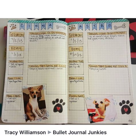 Another great idea for a pet spread in my bujo! Journal Ideas Scrapbook, Pet Planner, Dog Tracker, Dog Journal, Bullet Journal Key, Pet Tracker, Journal Bullet, Bullet Journal Ideas, Passion Planner