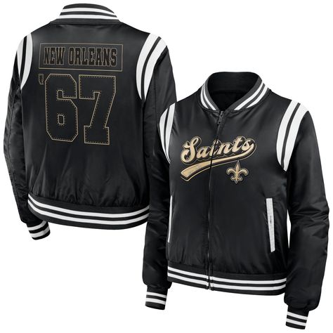 Gear up for game day with this New Orleans Saints bomber jacket from WEAR by Erin Andrews. Featuring bold graphics across the front and back, this jacket celebrates the team's founding year. The contrast stripes and pockets add a stylish finish to this sleek New Orleans Saints jacket. Black New Orleans, New Orleans Saints Logo, Erin Andrews, Bear Jacket, Women's Wear, New Orleans Saints, Trucker Jacket, Leather Jacket Men, Game Day