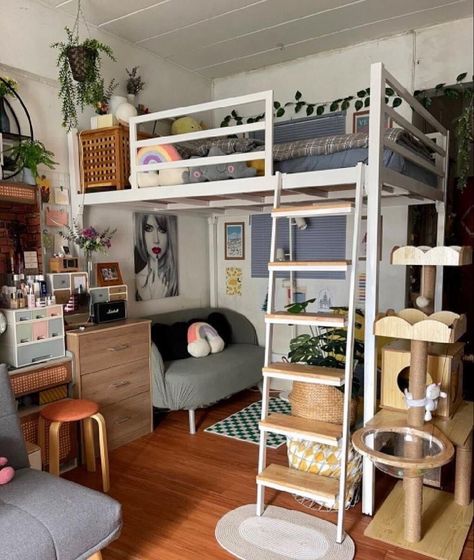 Adult Loft Bed For Small Rooms Bunk, Loft Bed Aesthetic Korean, Loft Bed Apartment Studios, Small Room Loft Bed Ideas For Low Ceiling, Room Ideas Aesthetic With Loft Bed, Bedroom Photo Studio Ideas, Decorate Loft Space Ideas, Full Loft Bed Ideas For Small Rooms, Small Loft Room Ideas