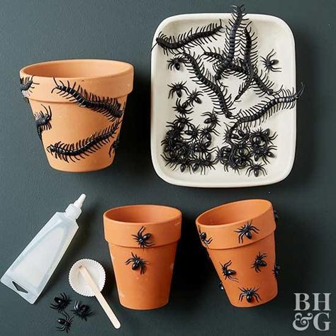 Diy Halloween Planter Ideas, Halloween Plants Diy, Halloween Plant Decor, Halloween Plant Pots, Halloween Planter Ideas, Halloween Planters, Handmade Halloween Decorations, Unique Wreaths, Diy Pottery Painting