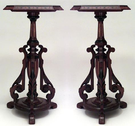 Pair Of American Victorian Eastlake Walnut Pedestals With Ebonized And Gilt Trim And Centerpost Eastlake Furniture, Wimbledon House, Furniture Pedestal, Antique Silverware, Victorian Furniture, Vintage Inspiration, Entry Hall, Wooden Coffee Table, Victorian Gothic