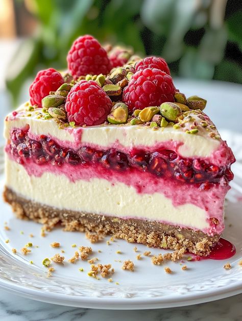 Elegant Pistachio Raspberry Crunch Cheesecake  𝗜𝗻𝗴𝗿𝗲𝗱𝗶𝗲𝗻𝘁𝘀 🍰 For the Crust: 1 1/2 cups graham cracker crumbs 1/4 cup granulated sugar 1/2 cup unsalted butter, melted For the Raspberry Mousse: 1 cup fresh raspberries 1/4 cup granulated sugar 1 tbsp lemon juice 1 cup heavy cream, whipped For the Pistachio Mousse: 1 cup pistachio paste 1/4 cup granulated sugar 1 cup heavy cream, whipped For the Topping: 1 cup white chocolate, melted 1/2 cup fresh raspberries 1/4 cup pistachios, chopped Pistachio Raspberry Cheesecake, Pistachio White Chocolate Cheesecake, Raspberry Pistachio Cheesecake, Raspberry Cakes, Pistachio Mousse, Pistachio Raspberry, Pistachio Paste, Crunch Cheesecake, Cheesecake Ingredients