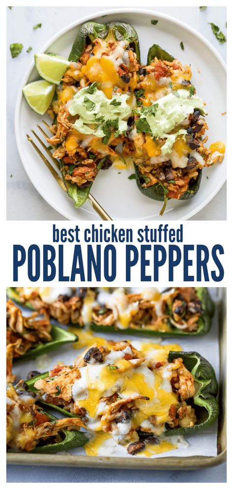 These cheesy, stuffed poblano peppers are packed with a smokey chicken-bean filling that's loaded with flavor and comes together in mintes. Topped with garlicky avocado crema, they'll be your new favorite Tex-Mex recipe for weeknights. #texmexdinner #poblanopepper #stuffedpoblanos #chickenstuffedpeppers #stuffedpeppers #easydinner Things To Make With Peppers, Poblano Stuffed Peppers, Mexican Chicken Stuffed Peppers, Chicken Fajita Stuffed Peppers, Poblano Pepper Recipes Chicken, Chicken Poblano Recipes, Chicken Stuffed Peppers Healthy, Chicken And Poblano Recipes, Stuffed Poblano Pepper Recipes