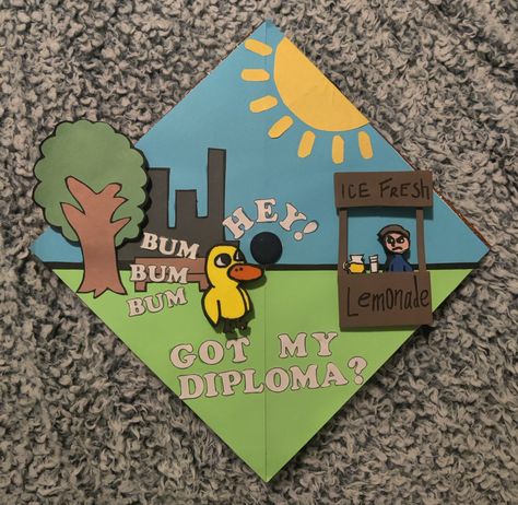 Picture from viral video "The Duck Song" with 3d/2d tree, duck, and stand. Song Graduation Cap, The Duck Song, Funny Graduation Caps, Creative Graduation Caps, Graduation Cap Ideas, Disney Graduation, College Grad Cap Ideas, Grad Cap Decorated, Graduation Cap Decoration Diy