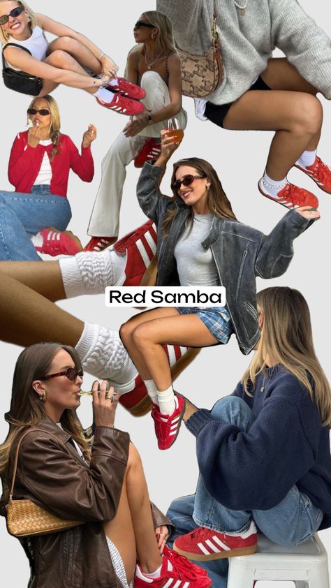 Red Addidas Outfits Women, Red Adidas Samba Outfit, Red And White Sambas Adidas Outfit, Outfit Zapatillas Rojas, Red Samba Outfit, Red Sambas Outfit, Red Sambas Adidas Outfit, Red Samba, Red Adidas Shoes Outfit