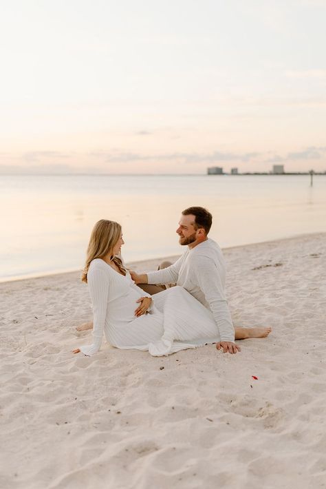 Sunset Maternity Session on the beach in Tampa Florida Maternity Photo Shoot On Beach, Maternity Beach Session, Beach Maternity Photos With Dog, Maternity Photography At Beach, Beach Announcement Photos, Maternity Photos On Beach, Fall Beach Maternity Photos, Casual Beach Maternity Photos, Pregnancy Announcement Photos Beach