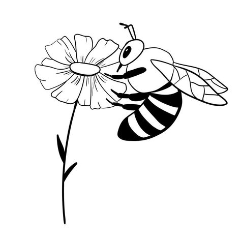 Honey bee on flower isolated on white. Insect in hand drawn style. Vector monochrome doodle illustration. Honey Bee Drawing Simple, Bee And Flower Drawing, Bees On Flowers Drawing, Bee In Flower Drawing, Bees And Flowers Illustration, Bee Clipart Black And White, Honey Bee Drawing, Pollinating Flowers, Bee Drawing