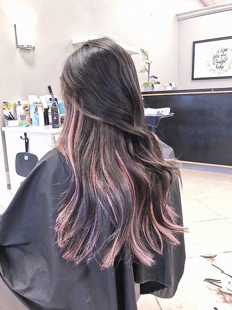 Pink Dye Over Brown Hair No Bleach, Light Pink Streaks In Black Hair, Pink Babylights On Dark Hair, Black Hair Light Pink Highlights, Dark Brown Hair With Light Pink Highlights, Pink Ends Hair Black, Underside Highlights, Ash Pink Highlights, Subtle Purple Highlights In Brown Hair