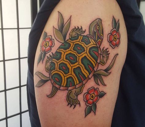 American Traditional Turtle And Flowers Arm Tattoo Old School Turtle Tattoo, Traditional Giraffe Tattoo, American Traditional Turtle Tattoo, American Traditional Turtle, Turtle Shell Tattoo, Box Turtle Tattoo, Japanese Turtle Tattoo, Traditional Turtle Tattoo, American Traditional Animal Tattoo