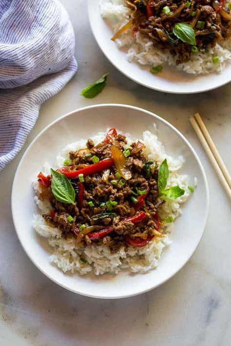 Thai Basil Beef (Pad Gra Prow) Thai Basil Sauce, Thai Basil Beef Recipe, Thai Basil Recipes, Basil Beef, Thai Basil Beef, Tastes Better From Scratch, Cooking Jasmine Rice, Beef Bowls, Basil Recipes