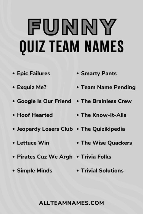 list of funny quiz team names Funny Team Name, Kahoot Names Ideas Funny, Funny Kahoot Names, Kahoot Names, Funny Insulting, Insulting Names, Funny Name Generator, Funny Quiz, Funny Quiz Questions