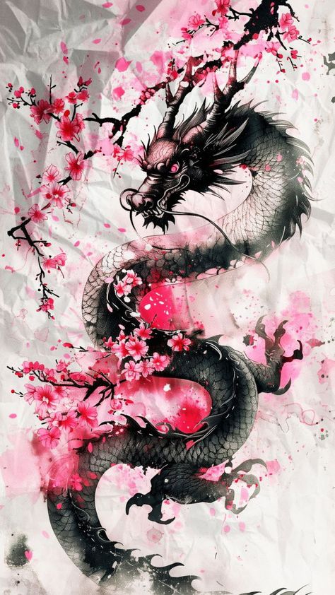 Japanese Style Cherry Blossom Tattoo, Dragon Flower Drawing, Japan Dragon Art, Dragon Wallpaper Iphone, Japanese Wallpaper Iphone, Chinese Dragon Tattoos, Japanese Dragon Tattoos, Warrior Tattoos, Fantasy Wall Art