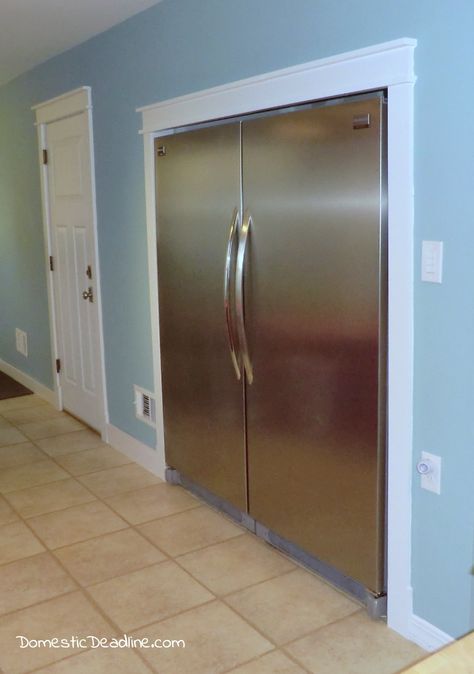 Kitchen Double Fridge, Upright Freezer In Kitchen, Diy Built In Fridge Cabinet, Side By Side Refrigerator And Freezer, Free Standing Refrigerator In Kitchen, Recessed Fridge In Wall, Fridge In Wall, Fridge Freezer Surround, Two Fridges Side By Side