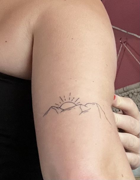 #tattooinspo #tattoo #mountaintattoo #mountain Mountain Tattoo On Shoulder, Appalachian Mountain Tattoo, Mountain Sunset Tattoo, Collar Bone Tattoo Quotes, Mountains Tattoo, Wanderlust Tattoo, Bone Tattoo, Sunset Tattoos, Collar Bone Tattoo