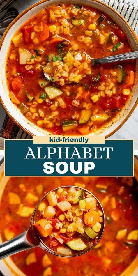 The whole family is going to love this veggie-loaded alphabet soup. Playful, kid-friendly alphabet pasta and a plethora of veggies float in a rich, seasoned tomato-based broth. It's delish! Vegetable Beef Soup Instant Pot, Beef Soup Instant Pot, Vegetable Beef Soup Recipes, Alphabet Soup Recipe, Soup Recipes Homemade, Instant Pot Vegetable Beef Soup, Soups Easy, Soup Meals, Beef Soups