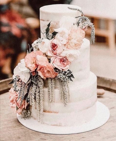 Three tier semi naked wedding cake with just a hint of sponge peeking through the buttercream icing. #seminakedweddingcake #weddingcakeideas Sugar Flower Wedding Cake, Wedding Cake With Flowers, Bohemian Wedding Theme, Colorful Wedding Cakes, Cake With Flowers, Boho Wedding Cake, Boho Cake, Floral Wedding Cakes