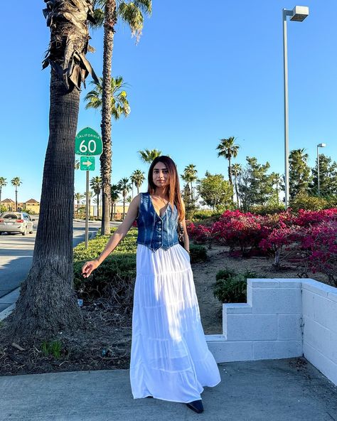 White maxi skirt & denim vest 🤍 Wearing my favourite denim vest from @freepeople Comment “LINK” and I’ll DM you 🫶🏻 Denim vest- @freepeople Maxi skirt- @hollister Bag- @jwpei_official Boots- @hm #summeroutfit #maxiskirt #denimvest #outfitoftheday #summerfashion Maxi Skirt Denim, White Maxi Skirt, White Maxi Skirts, Instagram White, Skirt Denim, Jean Vest, White Maxi, Denim Vest, Skirt Outfits