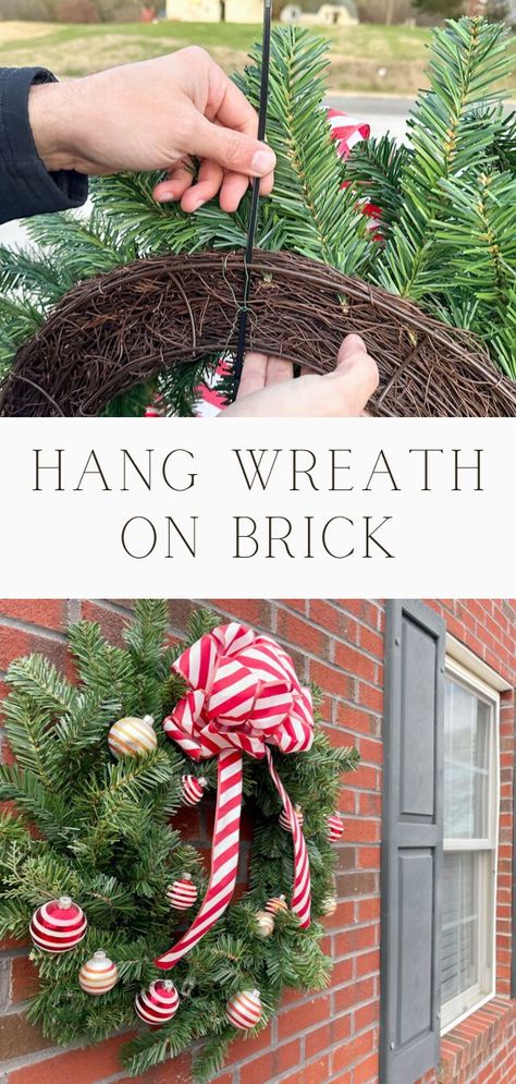 Wreath On House Exterior, Hanging Christmas Wreath, Brick House Christmas Decor Outside, How To Hang Wreaths On Windows Outdoor, How To Hang Garland On Brick, Large Outdoor Wreath On House, How To Hang Wreath On Front Door, Hanging Wreaths On Windows With Ribbon, Large Outdoor Christmas Wreath Decorating Ideas