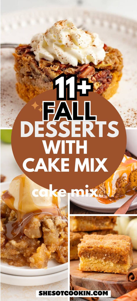 Fall dessert recipes with cake mix photo collage. Fall Cake Mix Recipes, Pumpkin Roll Cake Mix Recipe, Cake Mix And Pumpkin Recipes, Pumpkin Cake With White Box Cake, Yellow Cake Mix Desserts 3 Ingredients, Cake Box Recipes 3 Ingredients, Uses For Cake Mixes, Easy Desserts With Box Cake, Easy Pumpkin Cake Mix Recipes